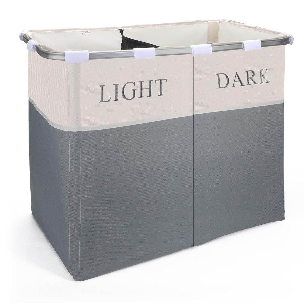 Lights and Darks Folding Laundry Sorter Basket Box Bag Bin Hamper Washing Cloths Storage Compartments Metal