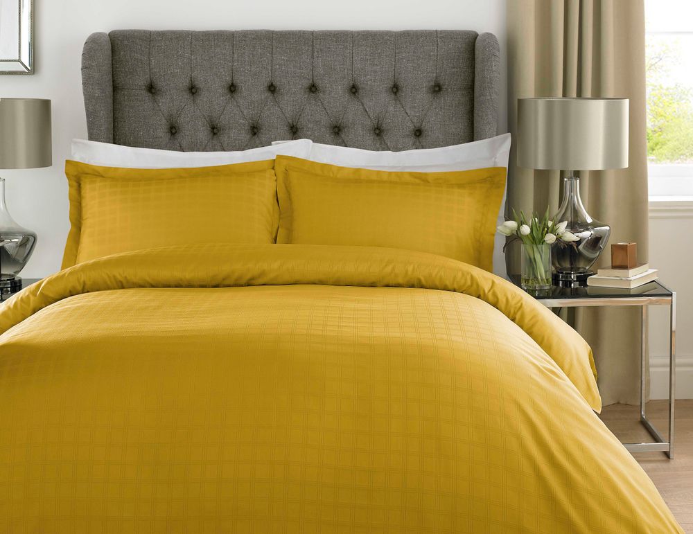 TC - % Cotton Satin Stripe Check Duvet Set Mustard Yellow