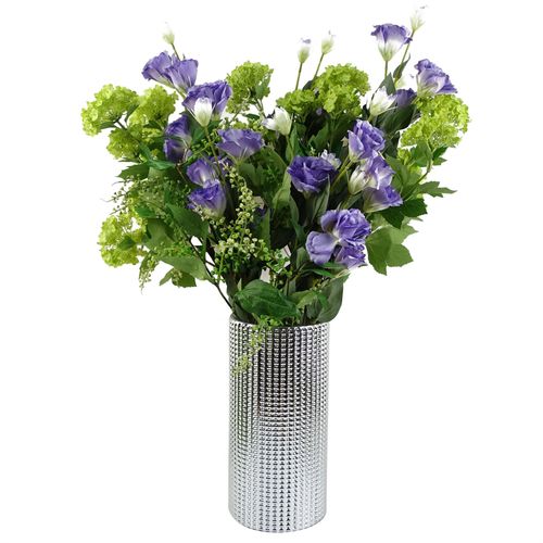 Purple Wild Rose Arrangement Silver Glass Vase