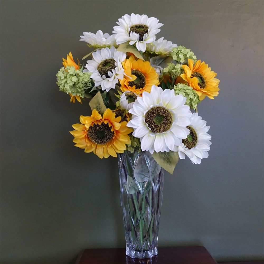 White and Yellow Sunflower Mix Glass Vase