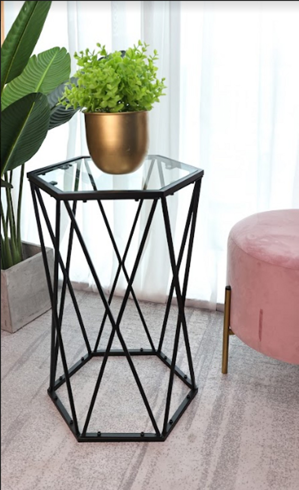 SLENDER Hexagon Black Side Table - Tempered Glass - High Quality