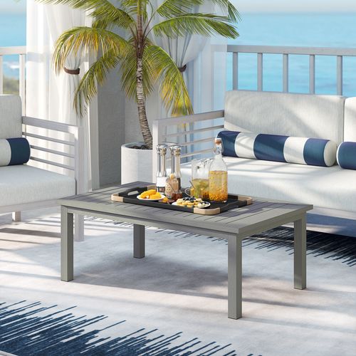 Outsunny Aluminium Outdoor Coffee Table Patio Table w Grey Wood Grain Effect