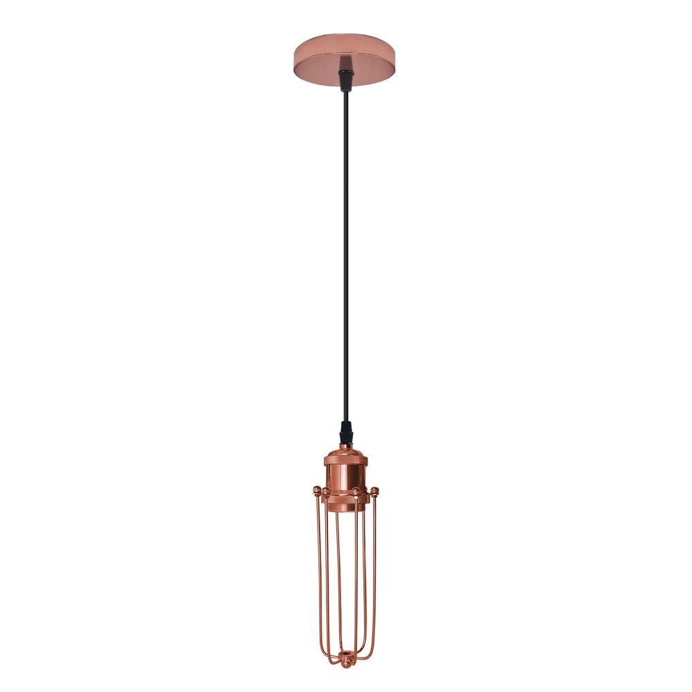 Vintage Metal Cage Pendant Light - Single Rose Gold Ceiling E Lamp Fixture for Home, Office, Cafe - Adjustable Wire Length