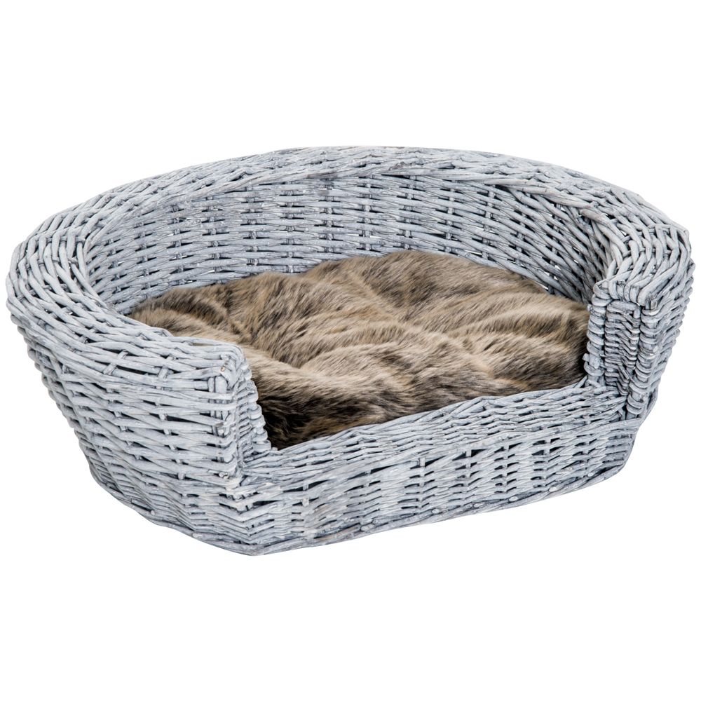 PawHut Wicker Pet Bed Willow Dog Cat Sofa Couch Puppy Basket with Cushion Grey L x W x .H