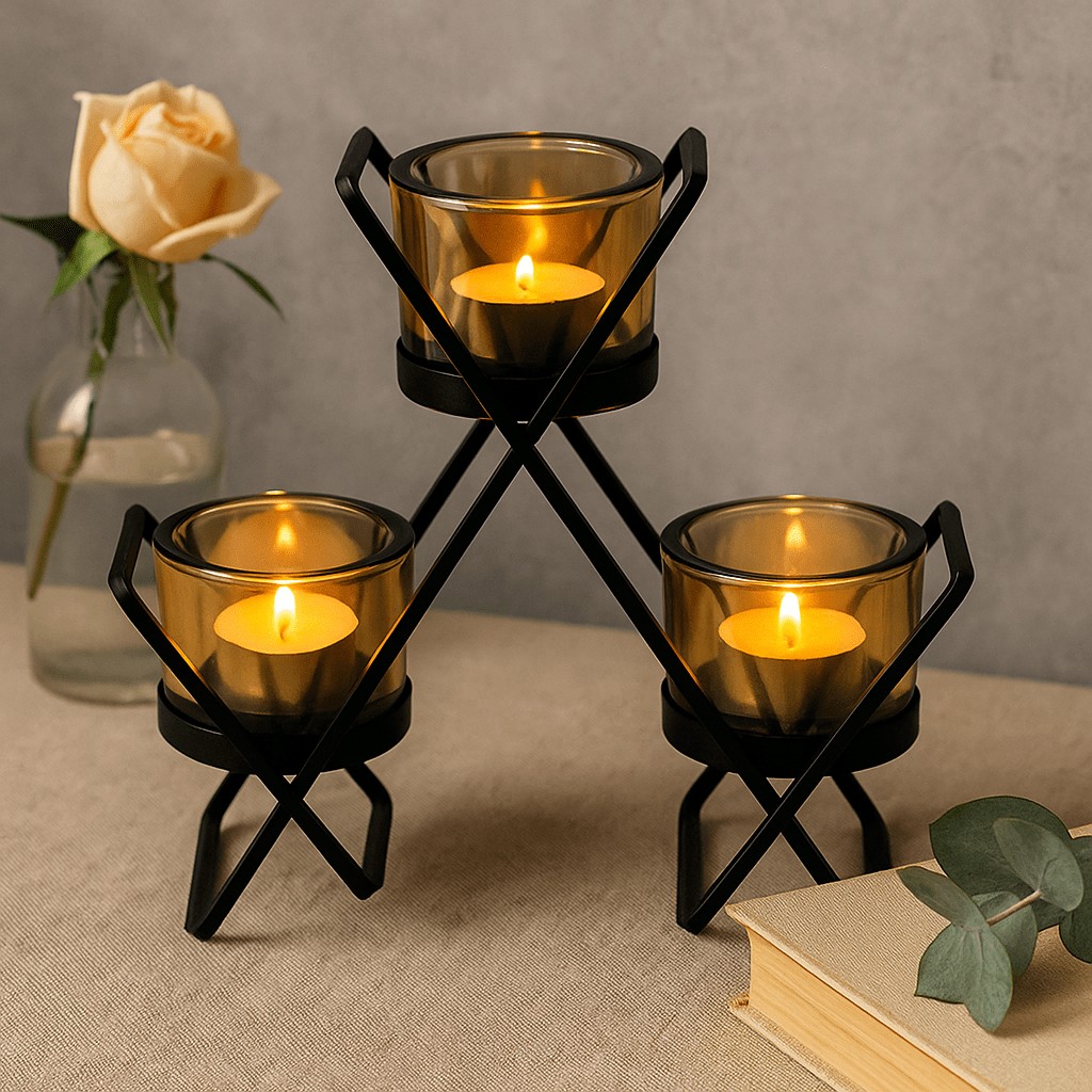 Votive Candle Holder Cup Triangle Iron Glass