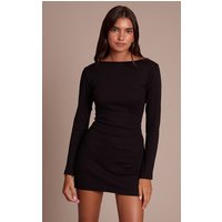 Black Ribbed Boat Neck Long Sleeve Bodycon Dress