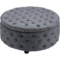 Round Linen Deep Buttoned Ottoman with Studded Edge Footstool