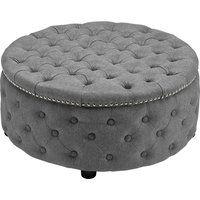 Round Linen Deep Buttoned Ottoman with Studded Edge Footstool