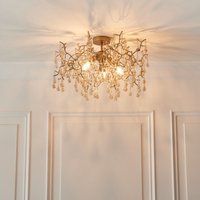 Osier Light Semi Flush Ceiling Light In Aged Gold With Champagne Glass Teardrops