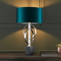 Sculptural Table Lamp In Antique Silver With Teal Satin Shade And Marble Base