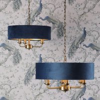 Laura Ashley Sorrento Light Ceiling Pendant Light In Antique Brass Finish Blue Velvet Shade LA-Q