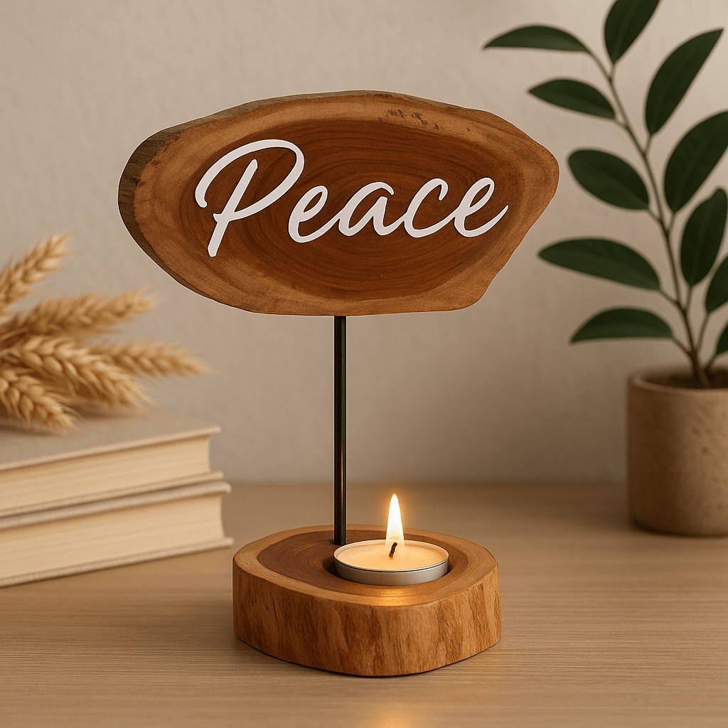 Wooden Tealight Candle Holder Peace