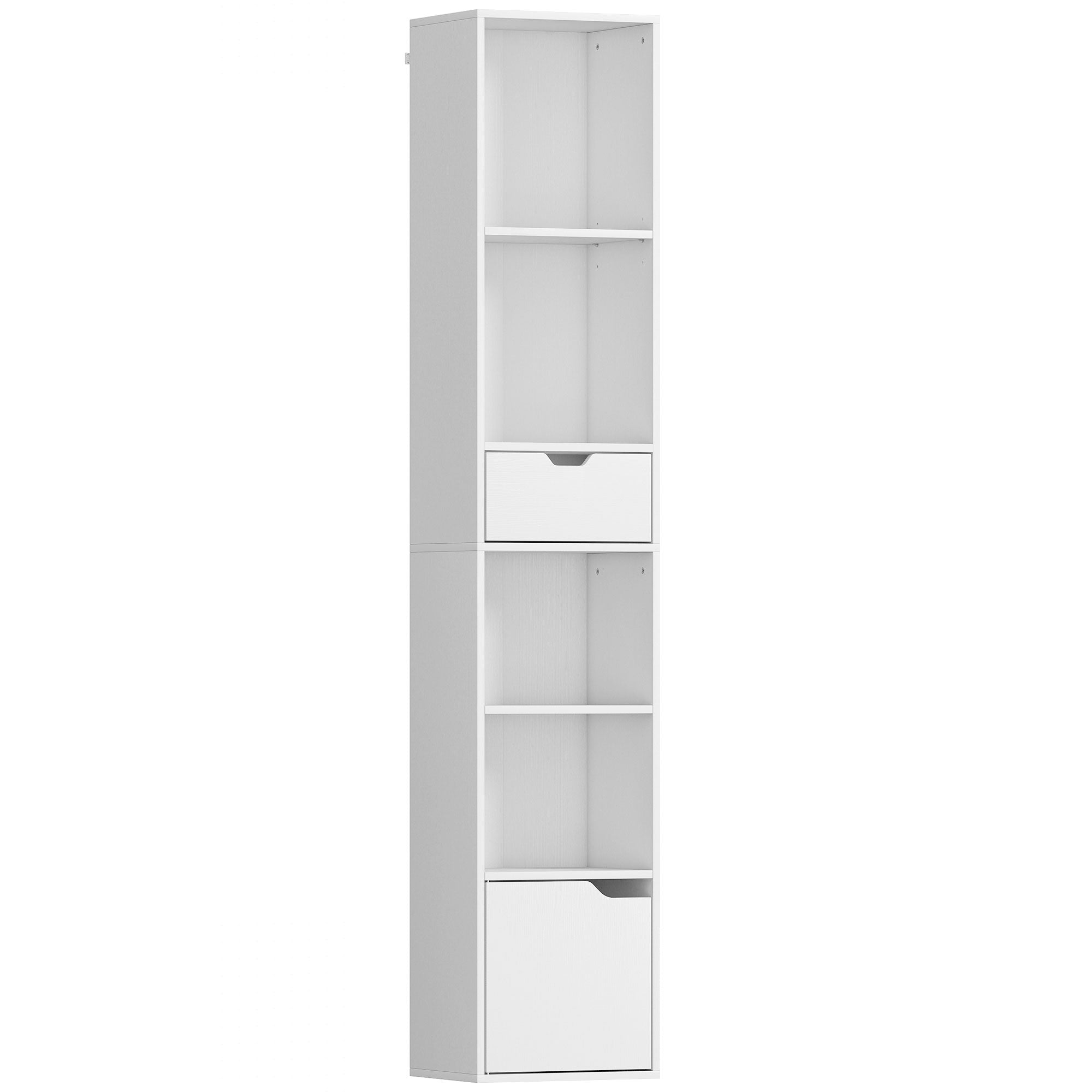 MCL -Tier Bookcase, Tall Narrow Bookshelf with Drawer and Door - White
