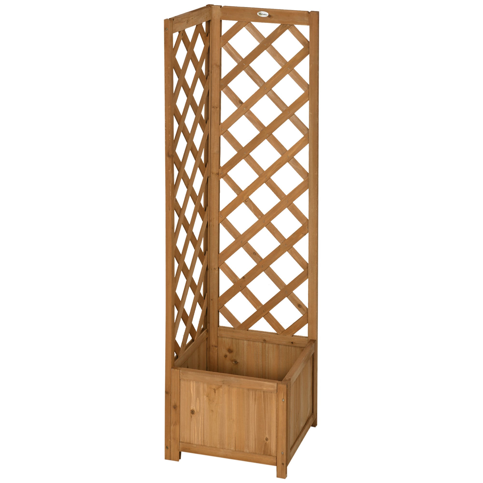 Wooden Planter with Corner Trellis, Freestanding Raised Garden Bed with Drainage Bottom, Outdoor Planter Box