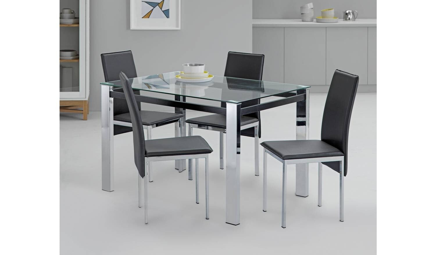 Fitz Clear Glass Dining Table & Black Chairs Modern Kitchen Furniture Set