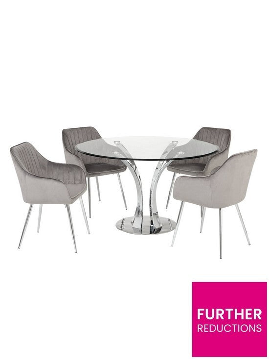 Alice Glass Top Dining Table & Alisha Chairs Chrome Grey Stylish Dining Set