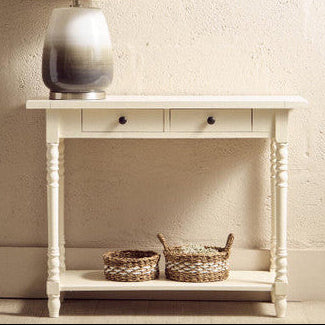 White Wooden Ivory Two-Tier Display Top Console Table with Drawers and Carved Legs, Heritage