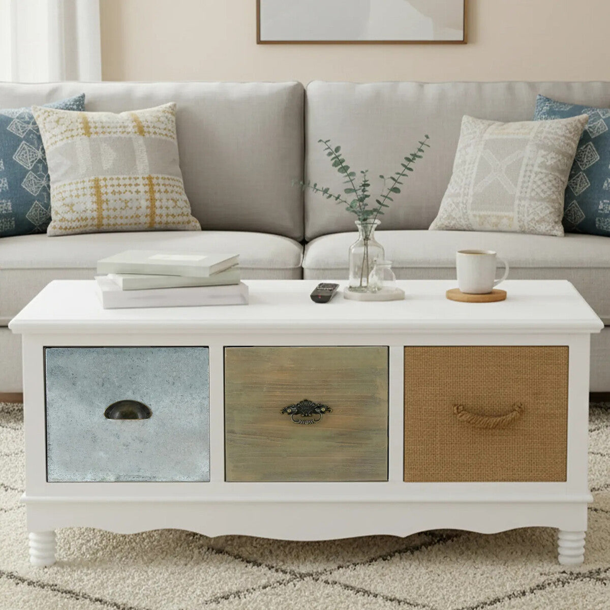 White and Natural Storage Rectangular Coffee Table with Drawers