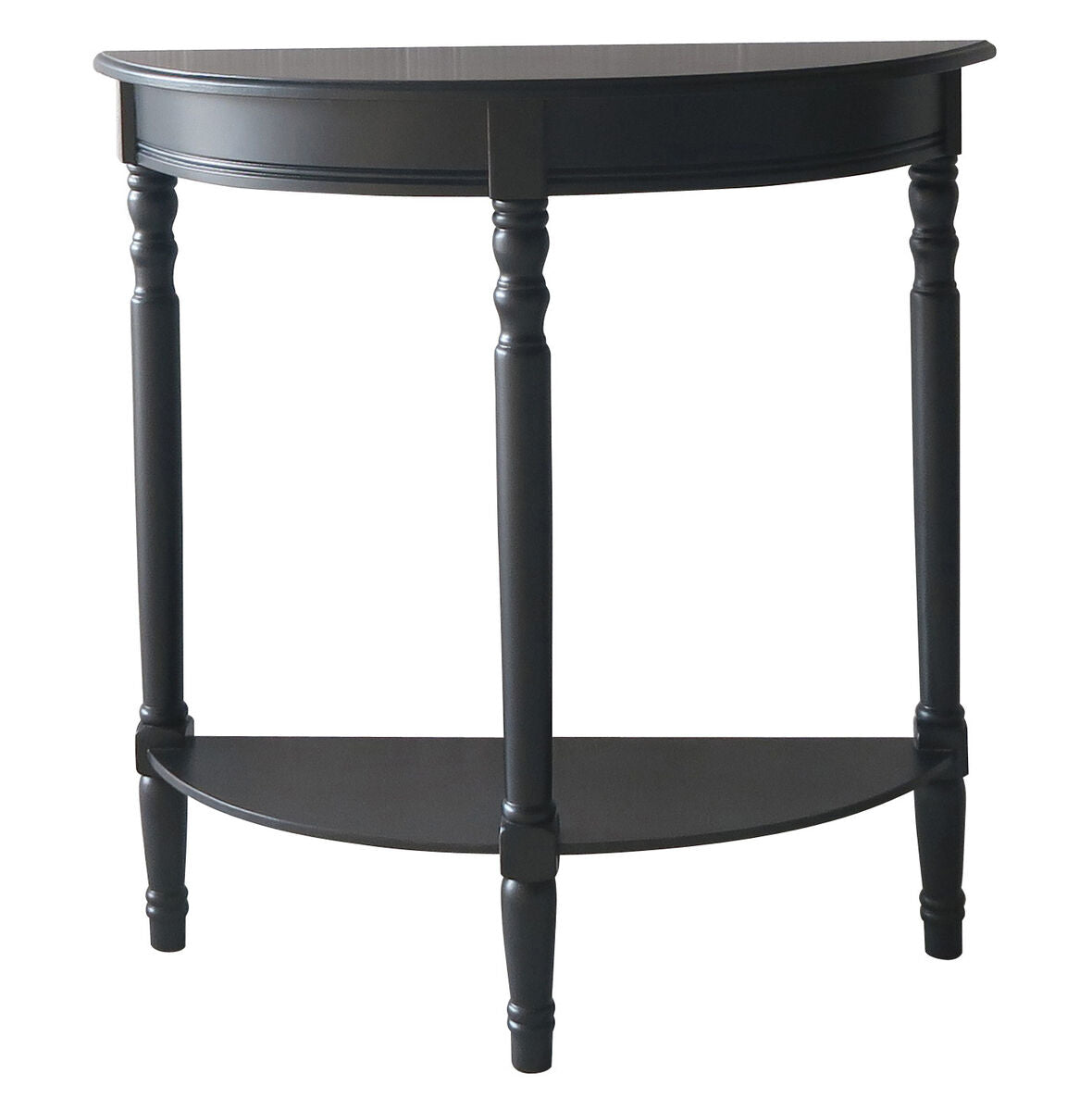 Black Wooden Half Moon Console Table with Carved Spindle Legs and Lower Storage Shelf