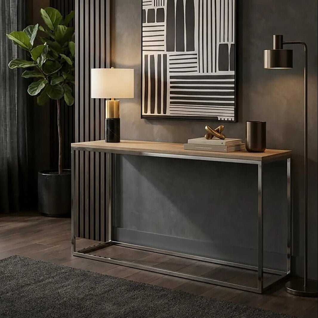 Natural Oak Wood Top Console Table with Stainless Steel Frame