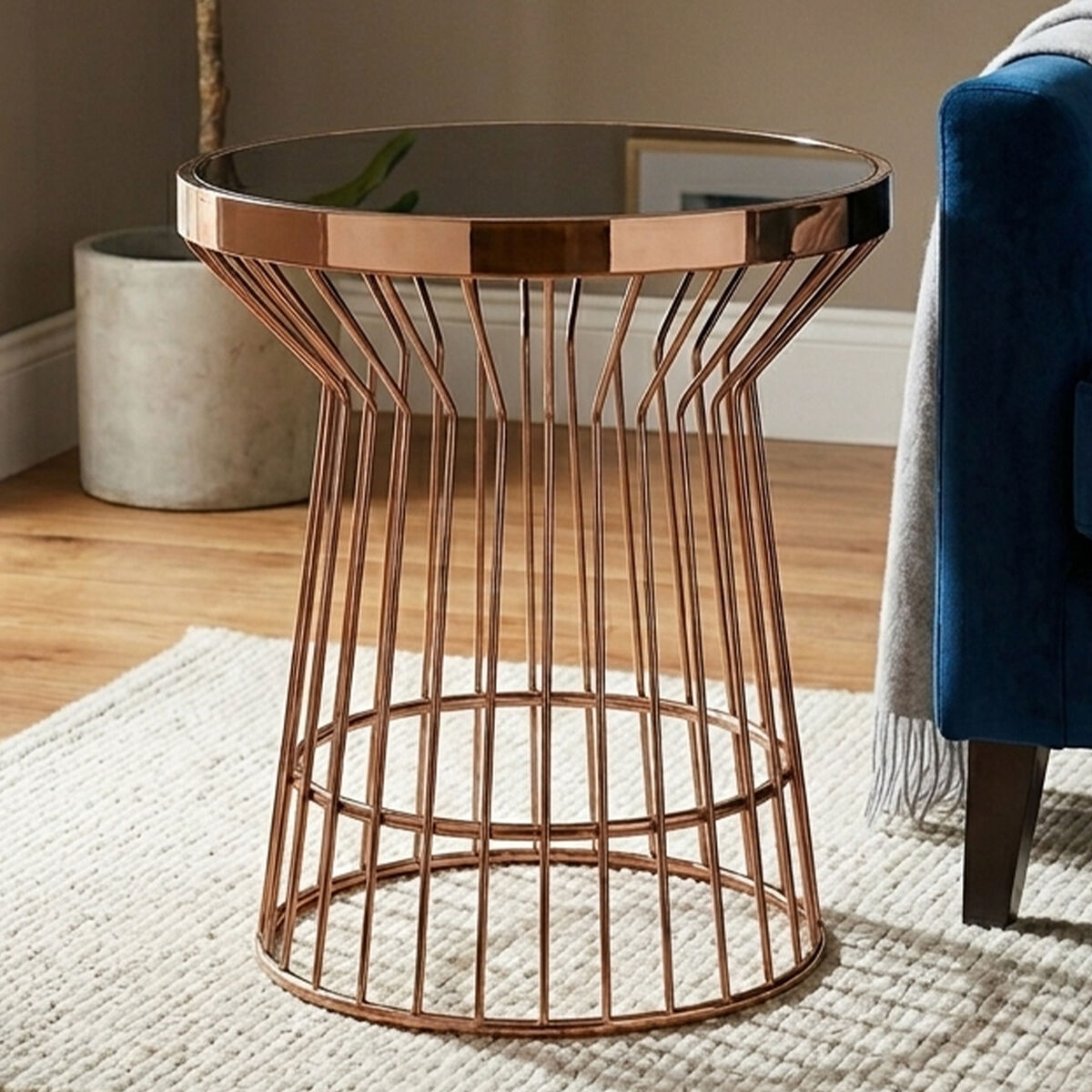 Boutique Style Copper Finish Round Side Table Black Glass Top