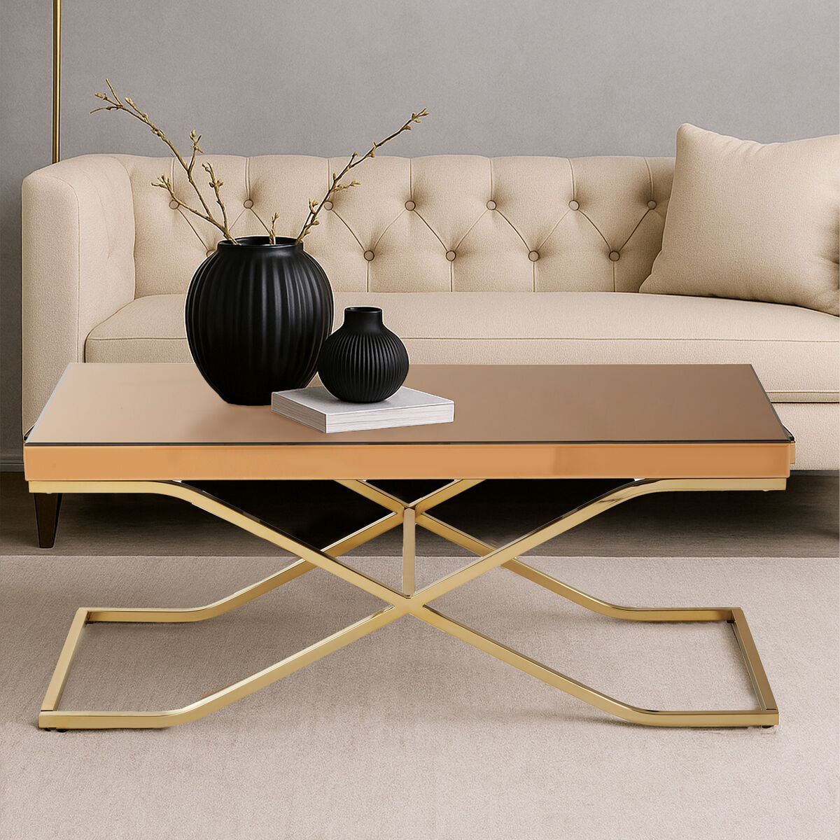 Light Brown Glass Top Coffee Table with Gold Finish Iron Frame