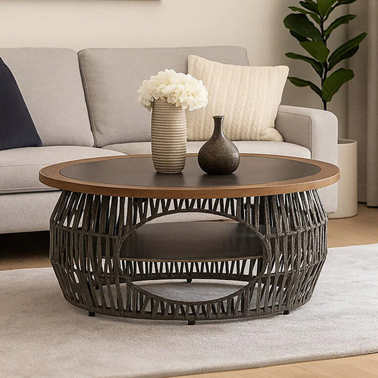 Grey Stone and Natural Wood Top Coffee Table with Rope Base