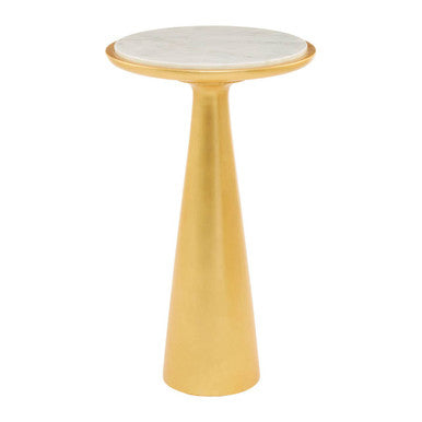 White Marble Top Large Side Table with Gold Finish Conical Wood Base