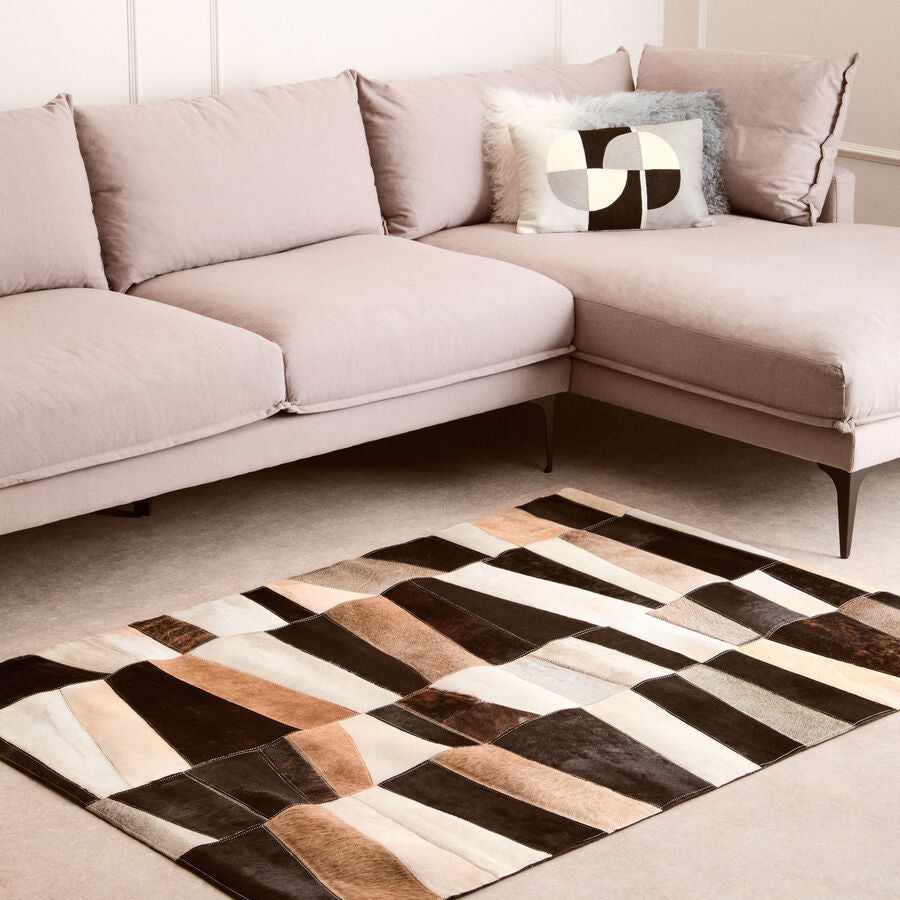Bosie Small Geometric Striped Hair on Leather Patchwork Rug