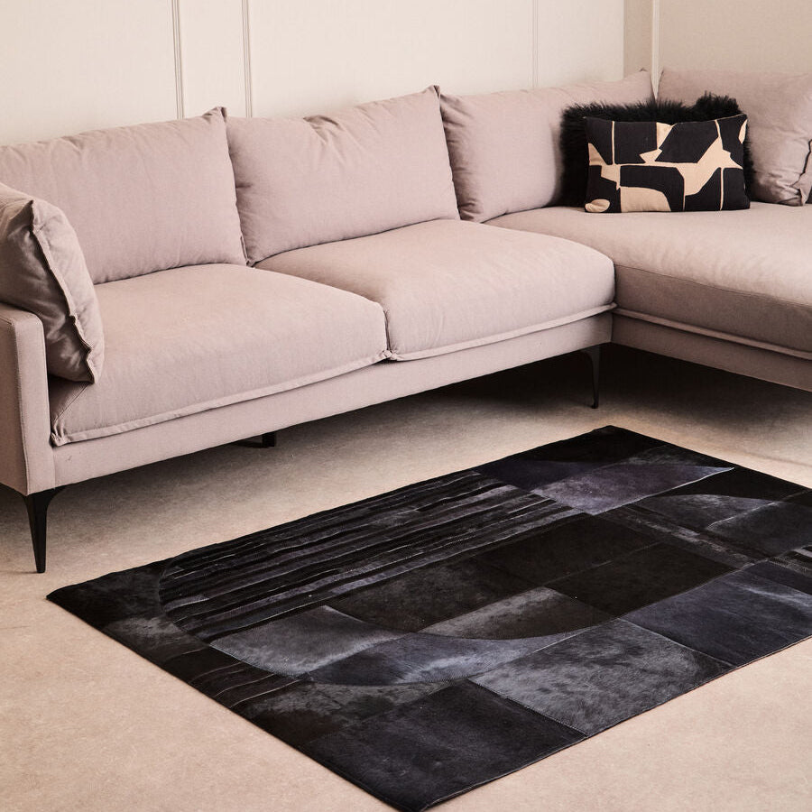 Bosie Small Black and Grey Deco Hair on Leather Rug