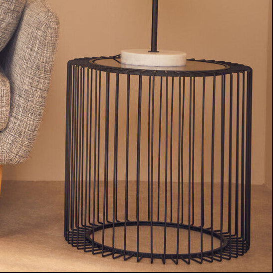 Tempered Glass Top Round Side Table with Black Wireframe Cage Design Base