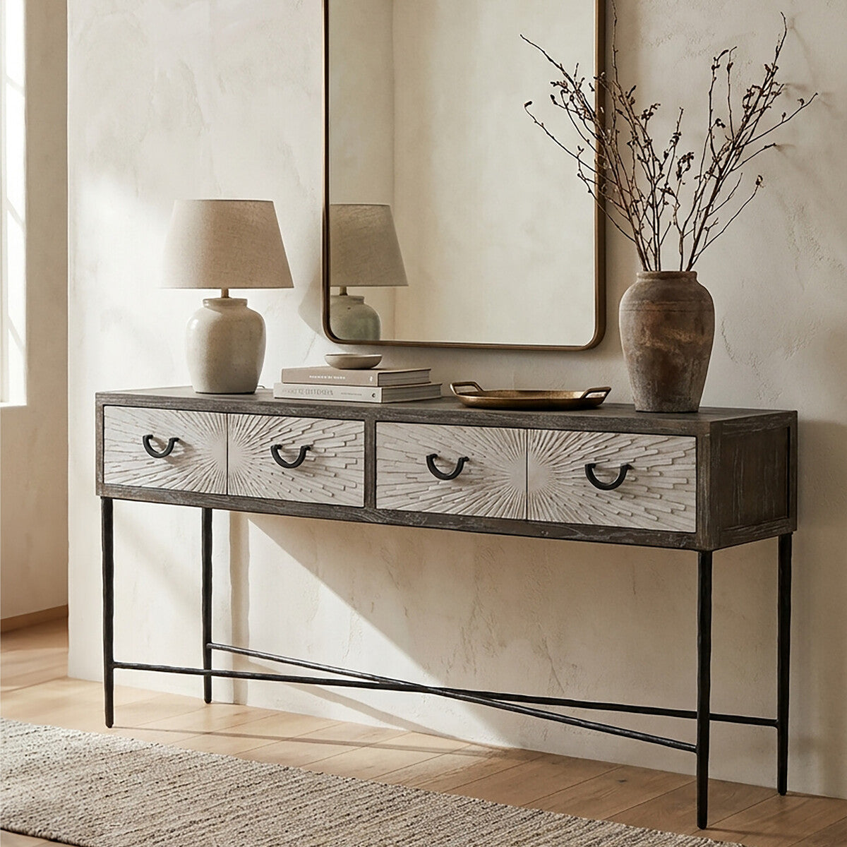 Dark Mud Grey Elm Wood -Drawer Console Table Textured Drawer Fronts and Antique Metal Legs