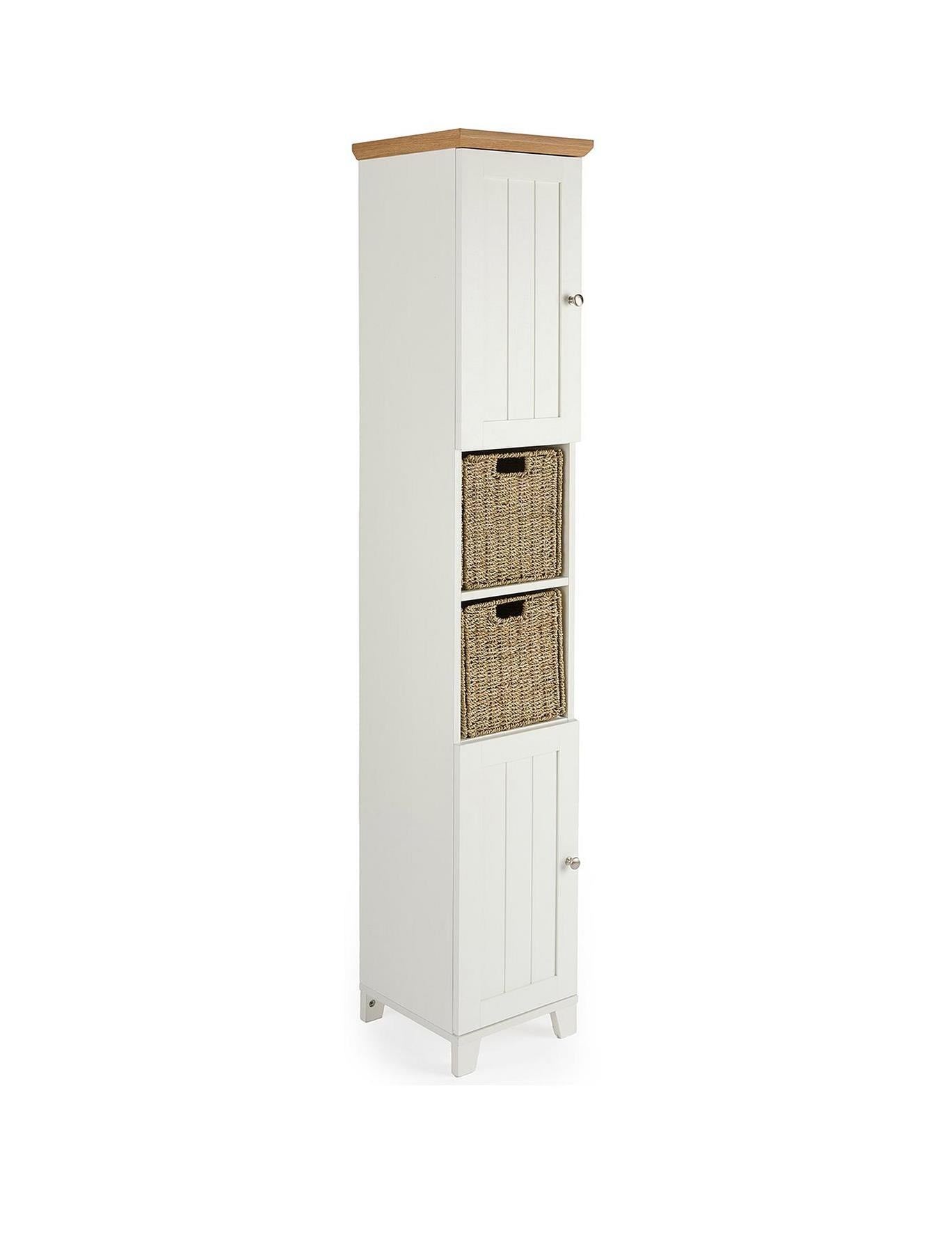 Amigo Tall Cabinet With Baskets White Oak For Bathroom Storage