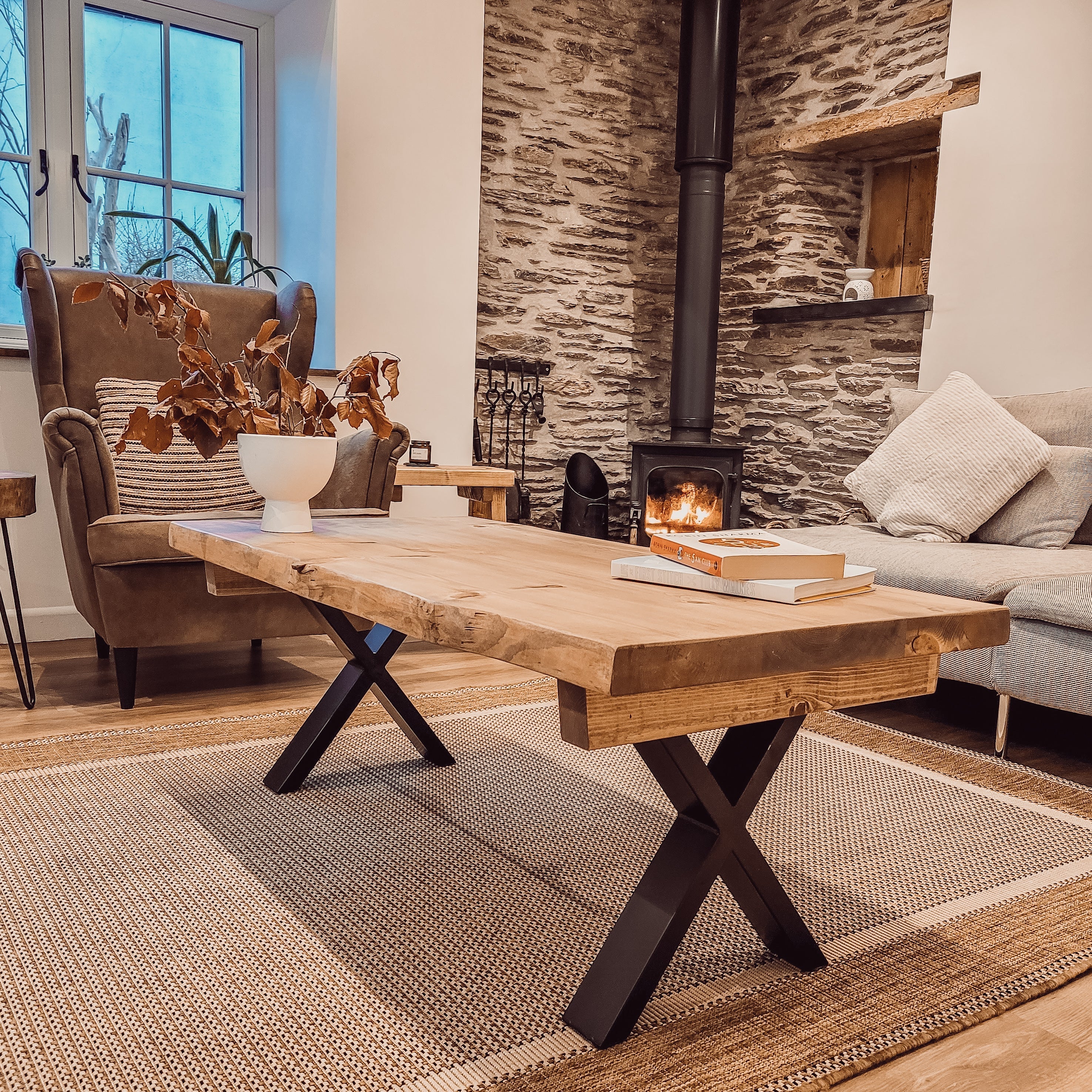 RITA Live Waney Edge Coffee Table With Metal X Legs - LXWXH Ebony