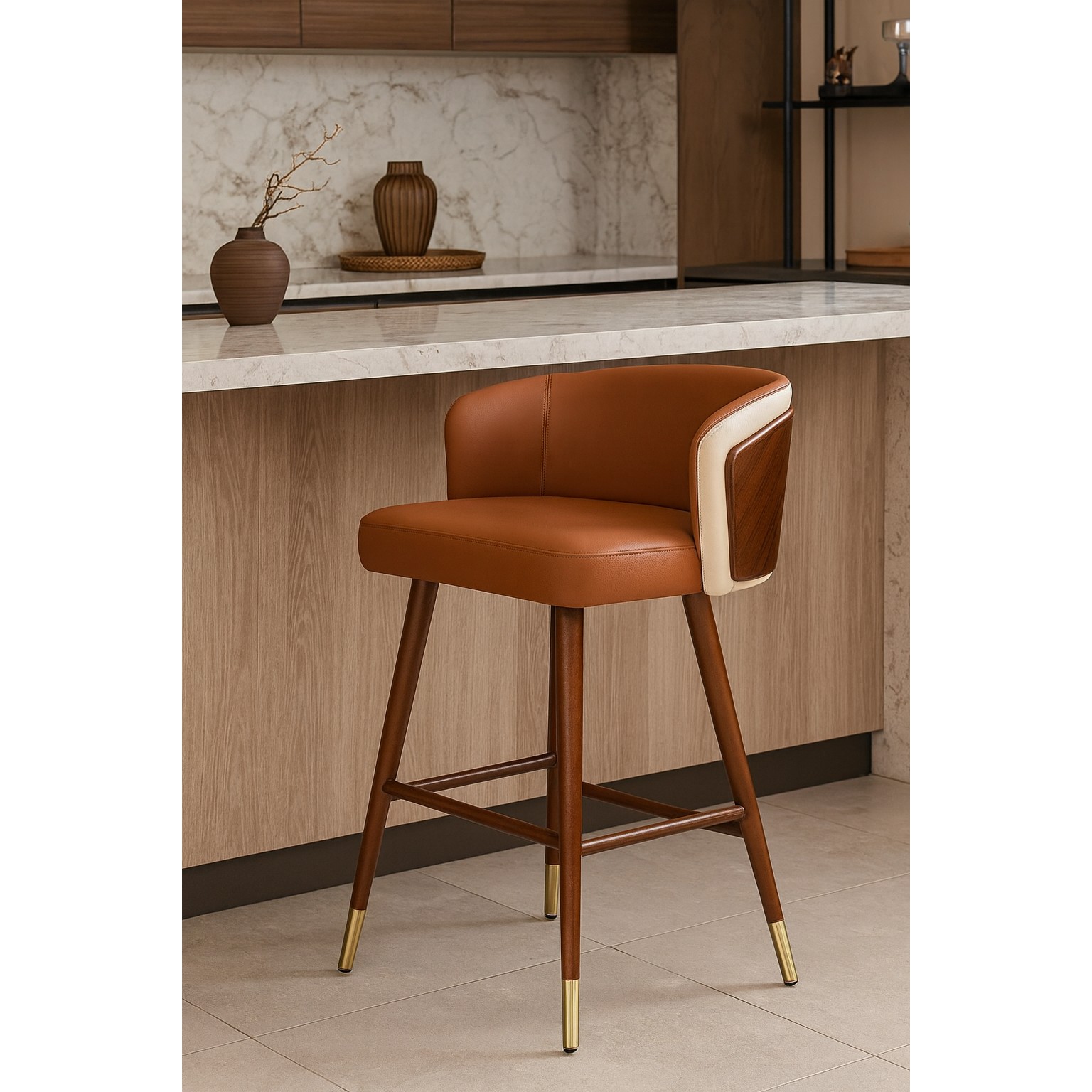 Okazaki Bar Stool - Dark Orange Light Walnut Legs Set of