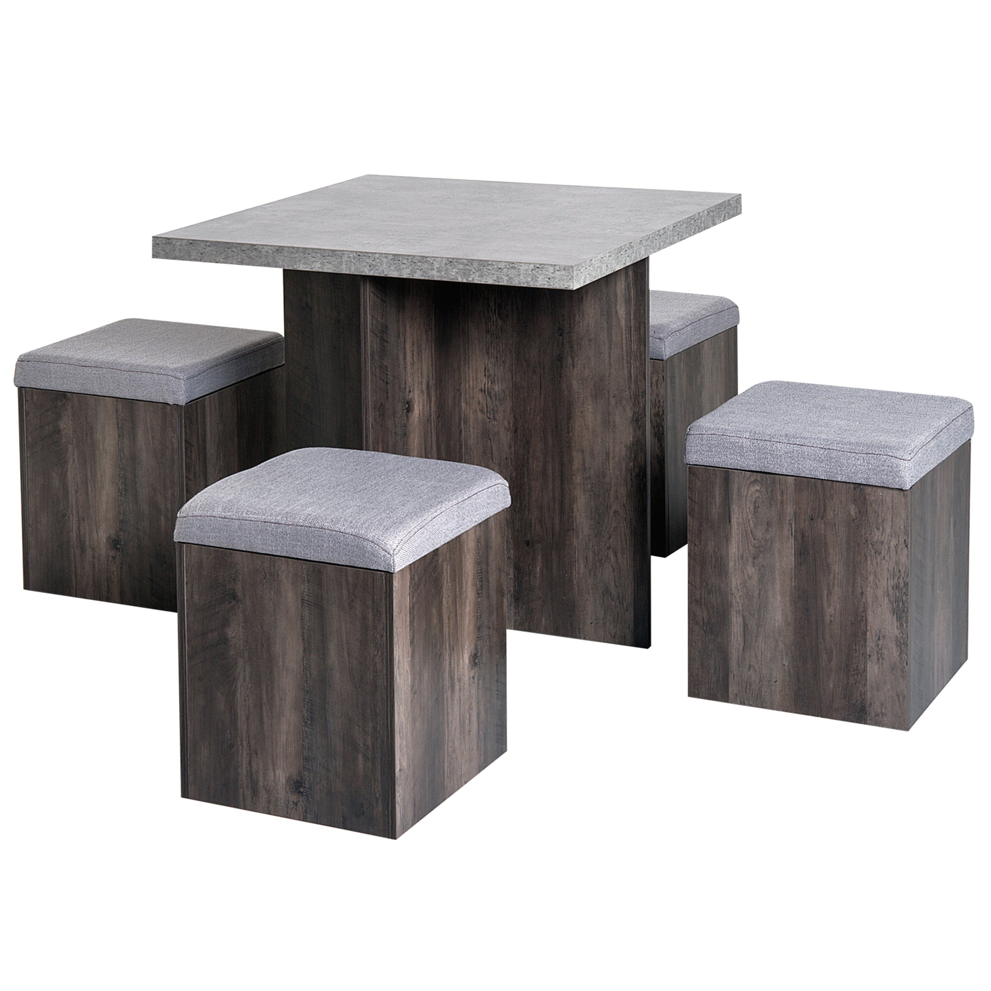 MCL PC Dining Set Garden Patio Wooden Set Storage Stools Footrest Ottoman with Cushions + Table Space Saving Design Indoor Outdoor