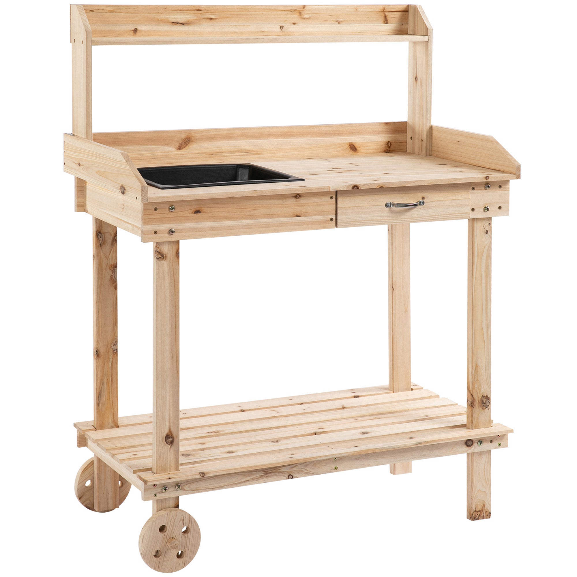 MCL Garden Potting Bench Table, Wooden Work Station, Outdoor Planting Workbench with Wheels, Sink, Drawer & Large Storage Spaces, xx