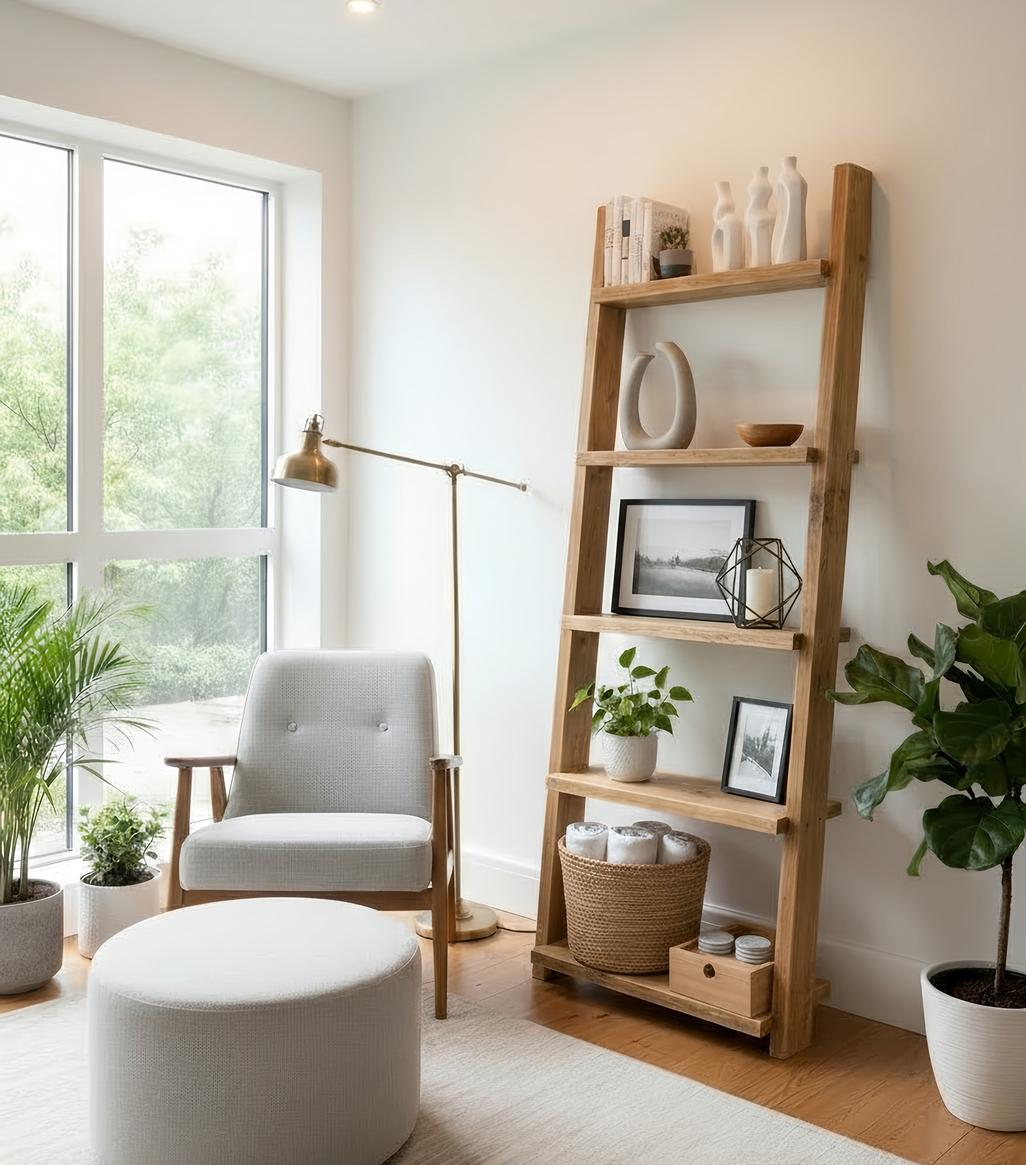 Ladder Solid Wood Bookshelf Natural Finish Open Bookcase, Rustic Scandinavian Design - Light Oak Shelves
