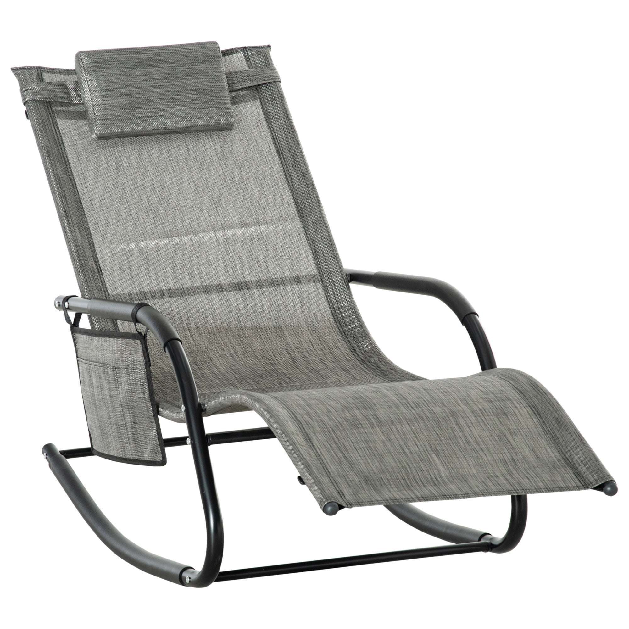 MCL Outdoor Garden Rocking Chair, Patio Sun Lounger Rocker Chair with Breathable Mesh Fabric, Removable Headrest Pillow, Armrest, Side Storage Bag