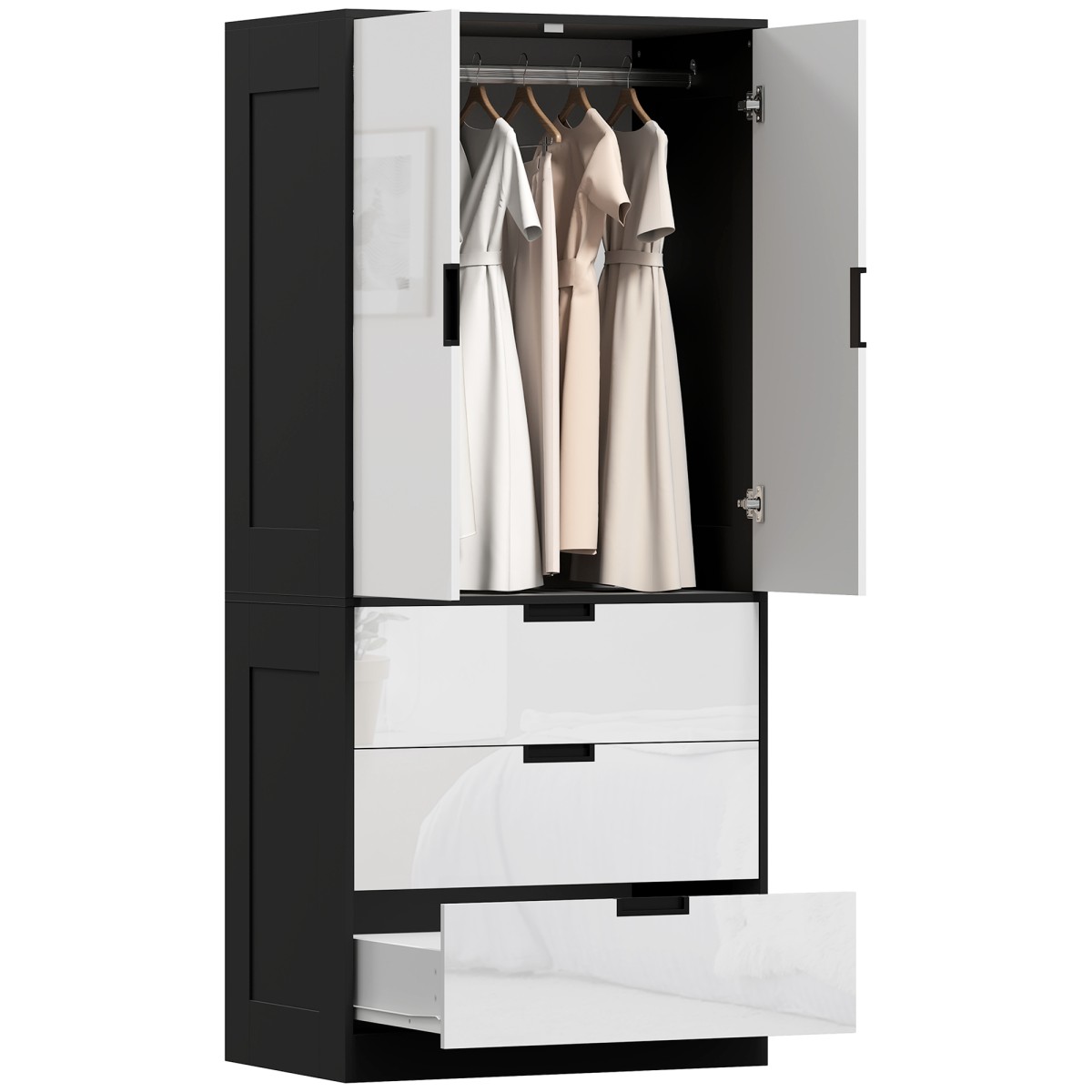 HOMCOM Door Wardrobe White Wardrobe with Drawer and Hanging Rod for Bedroom - High Gloss White