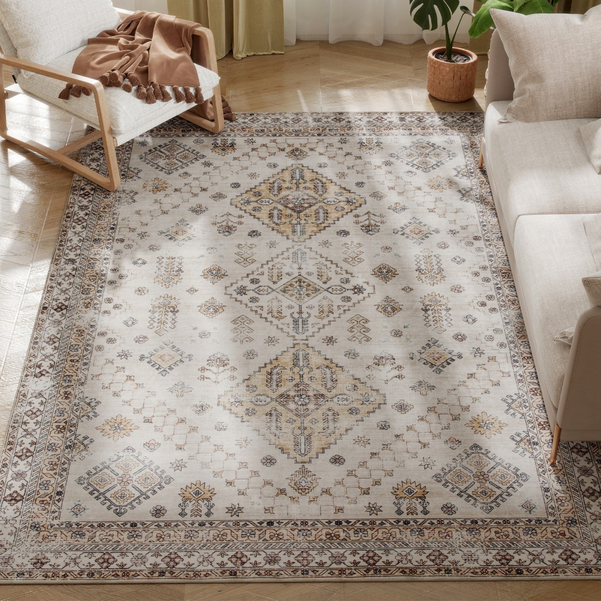 HOMCOM Flannel Non-Slip Washable Rug for Living Room - Beige W x D x .H