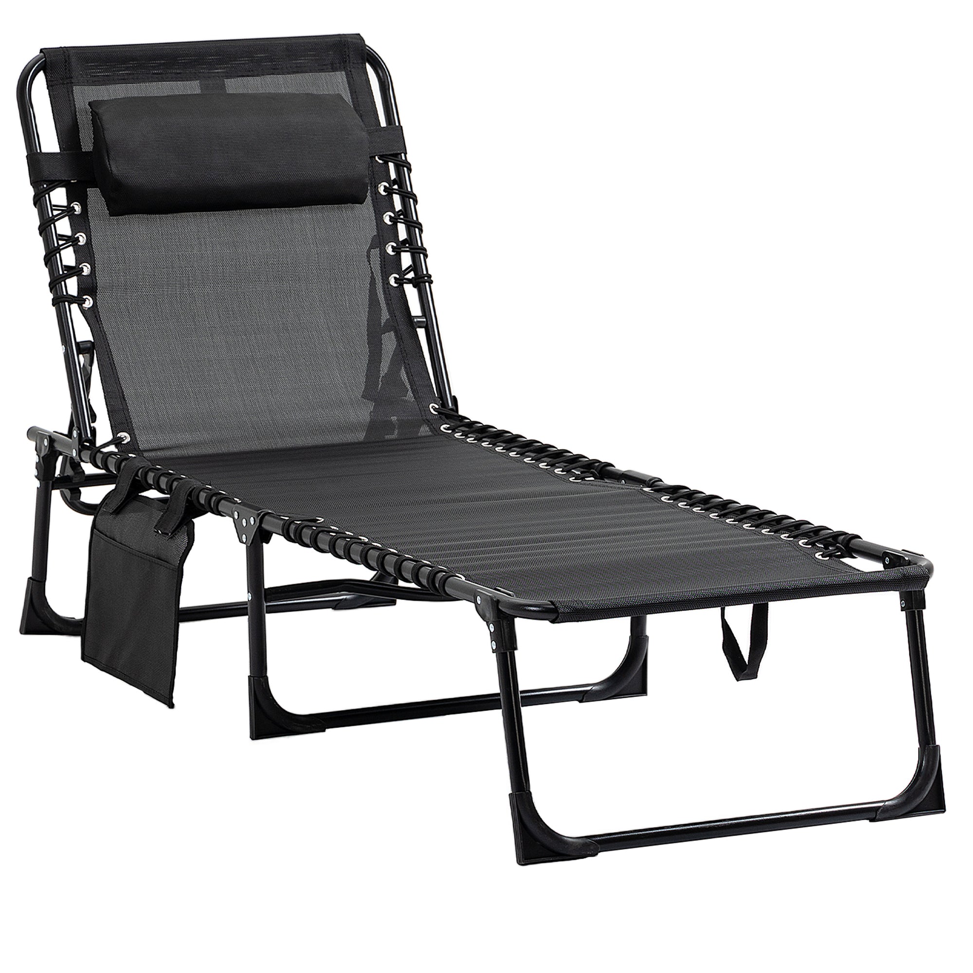 MCL Portable Sun Lounger, Folding Camping Bed Cot, Reclining Lounge Chair -position Adjustable Backrest with Side Pocket, Pillow for Patio Garden