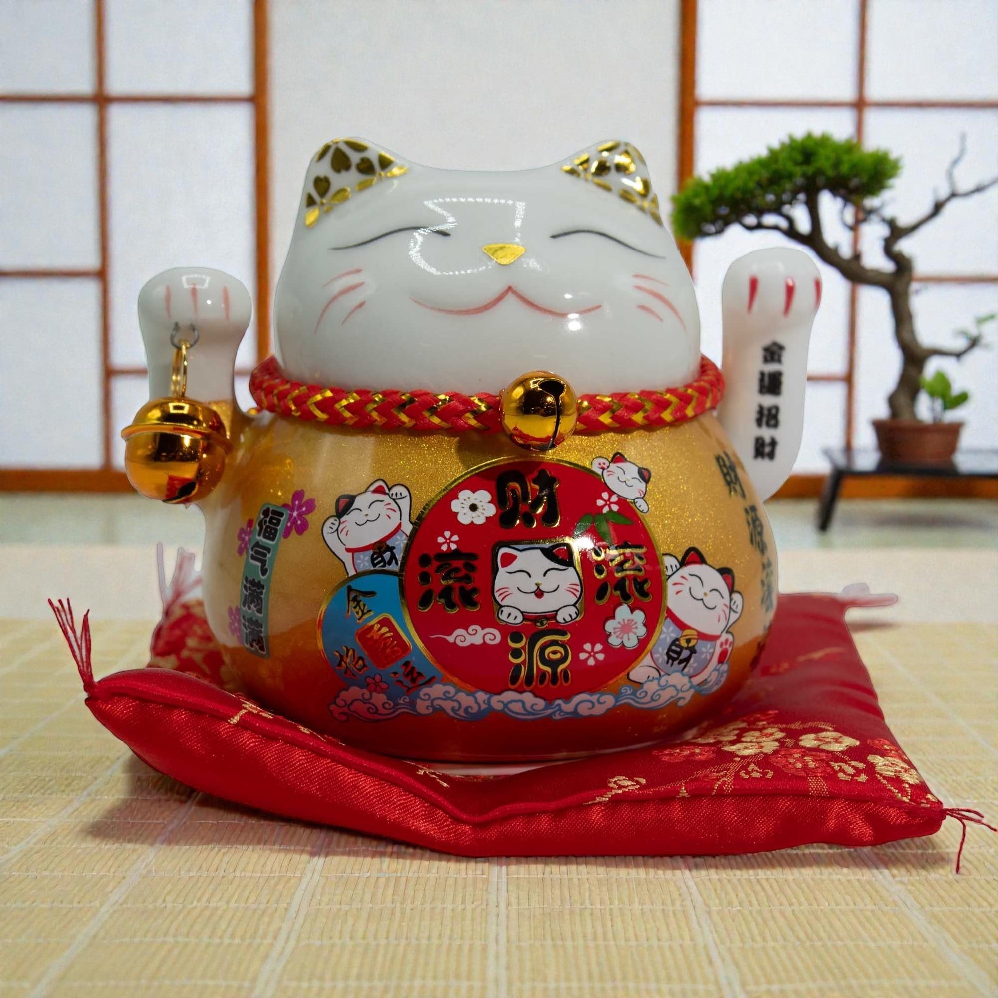 Ceramic Money Cat Moving Hand Gold on Cushion