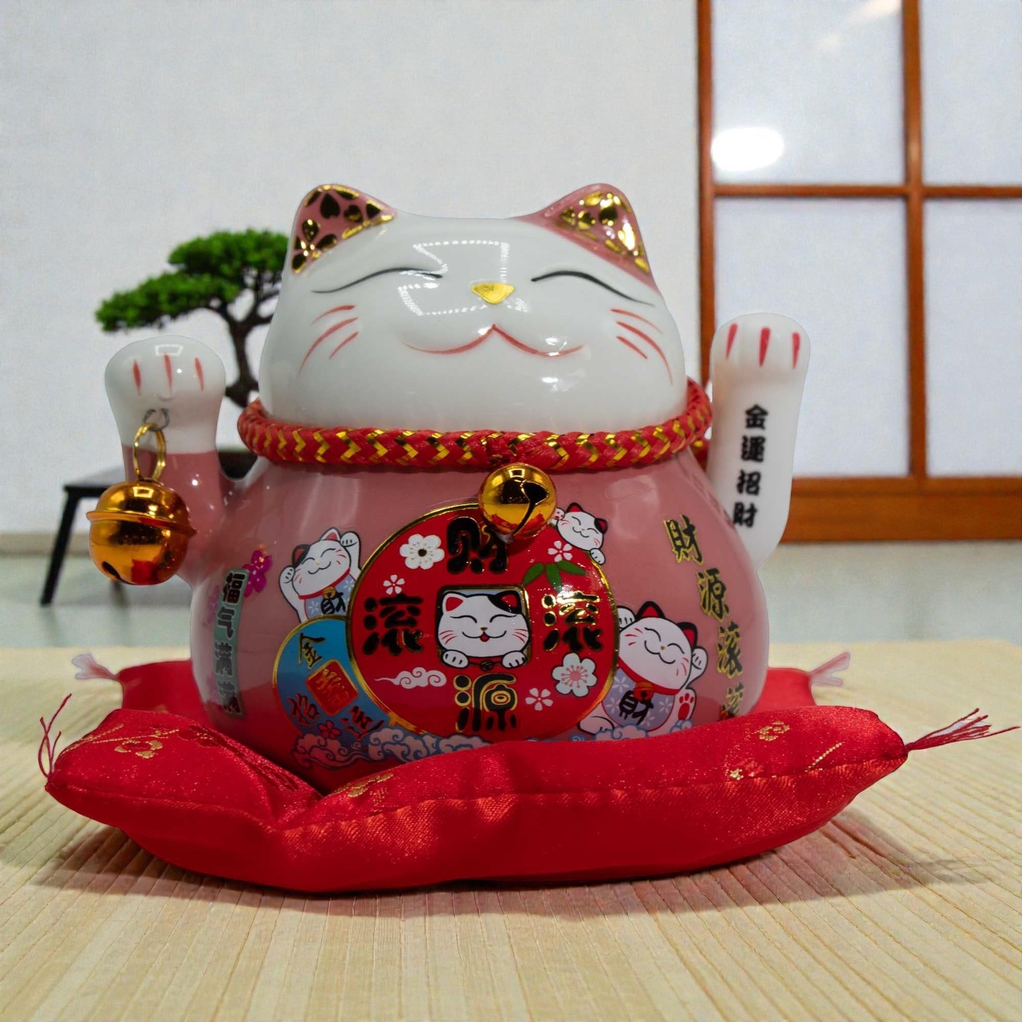 Ceramic Money Cat Moving Hand Pink on Cushion