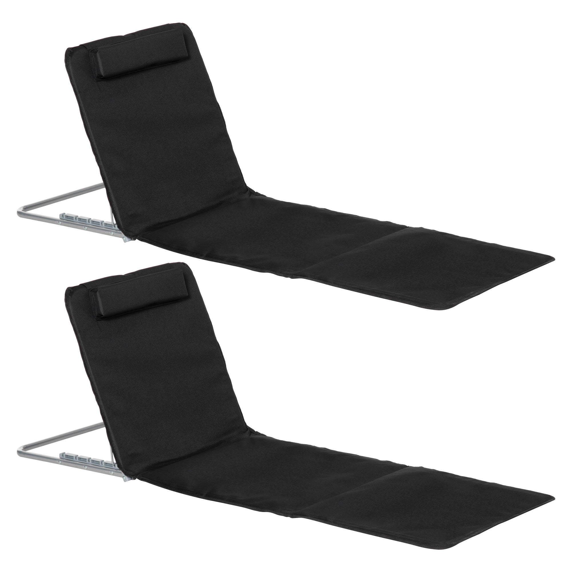 MCL Set of Foldable Garden Beach Chair Mat Lightweight Outdoor Sun Lounger Seats Adjustable Back Metal Frame PE Fabric Head Pillow w Carry Bag