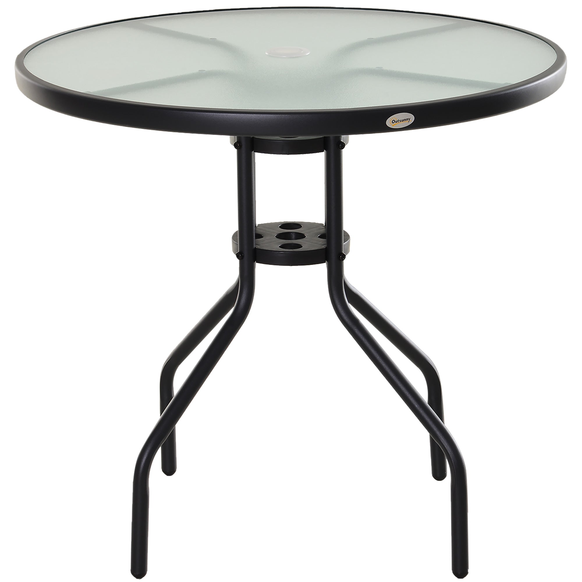 MCL Round Garden Dining Table with Parasol Hole for , Outdoor Coffee Bistro End Side Table with Tempered Glass Top and Steel Frame for Patio