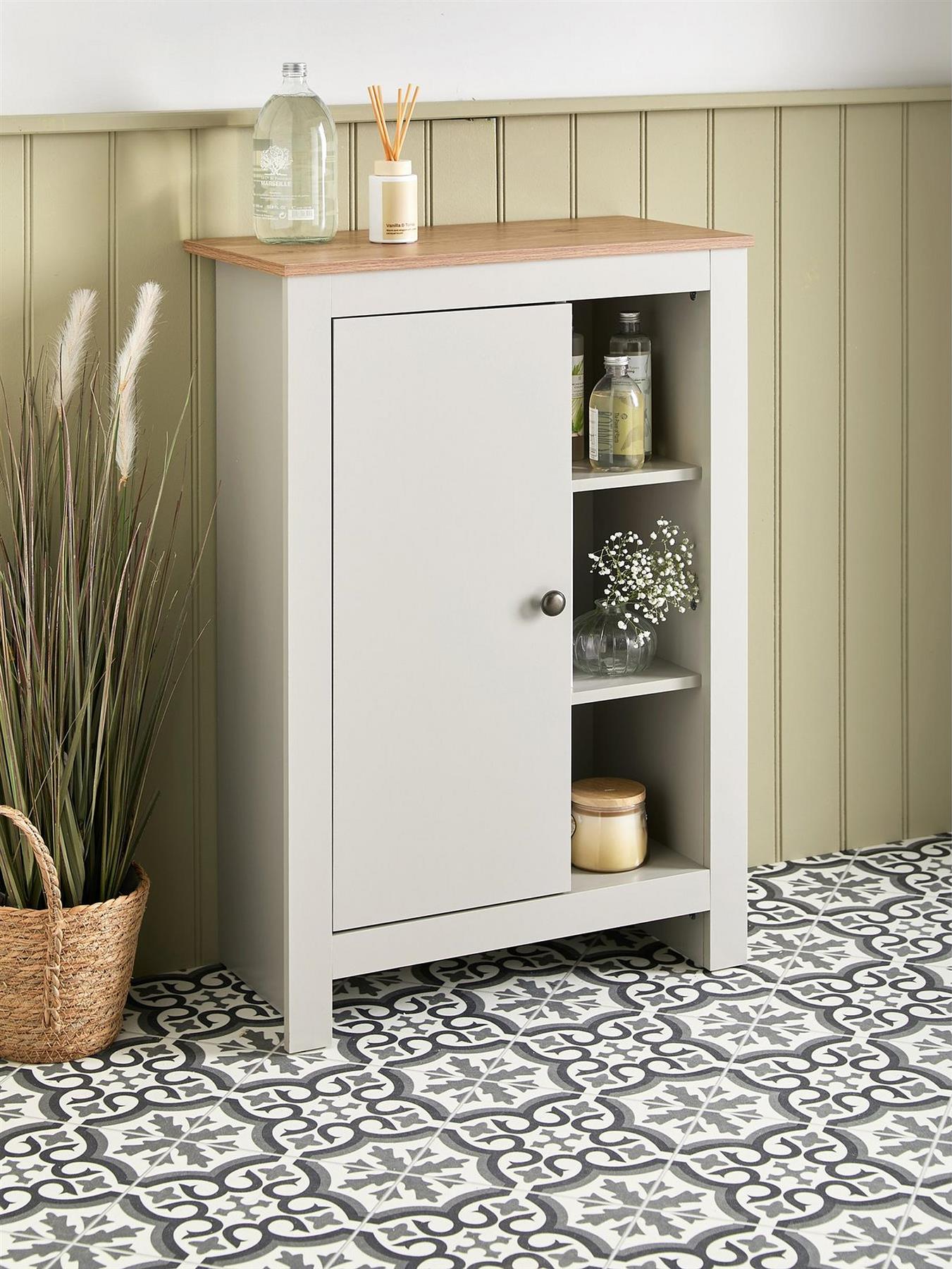 Lifton Low Bathroom Cabinet Light Grey Wood Effect Storage Organiser Unit