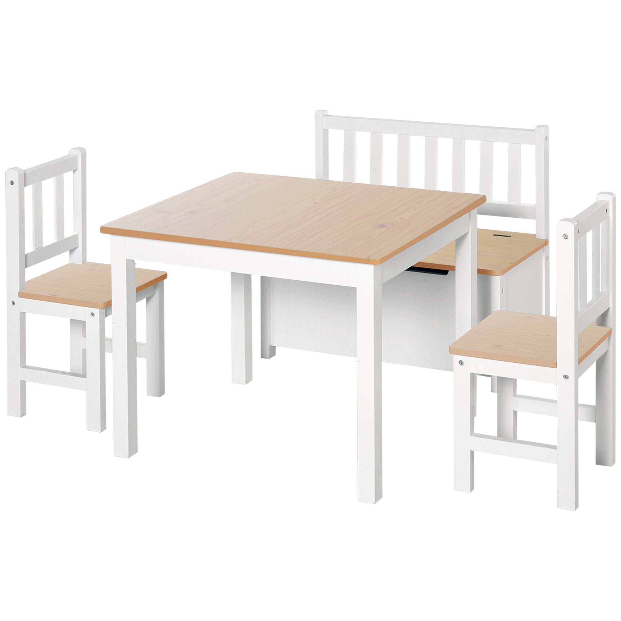 MCL -Piece Kids Table and Chair Set with Wooden Chairs, Storage Bench, and Interesting Modern Design, BeigeWhite