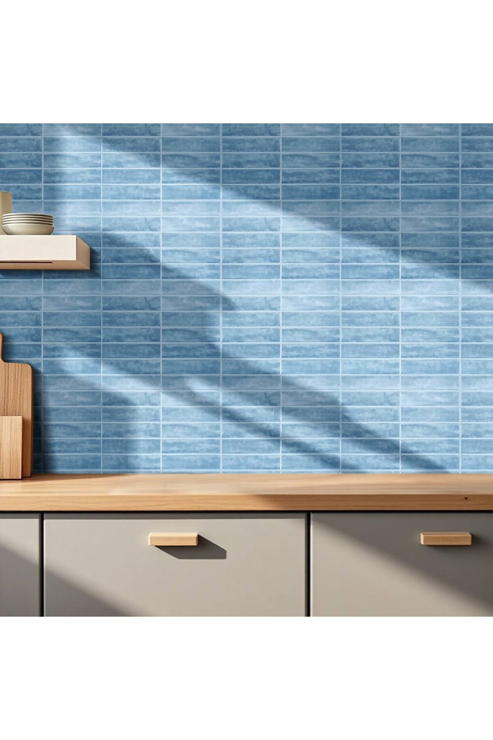 Living And Home Pcs D Rectangle Straight Pattern Self-Adhesive Wall Tile Stickers In Light Blue