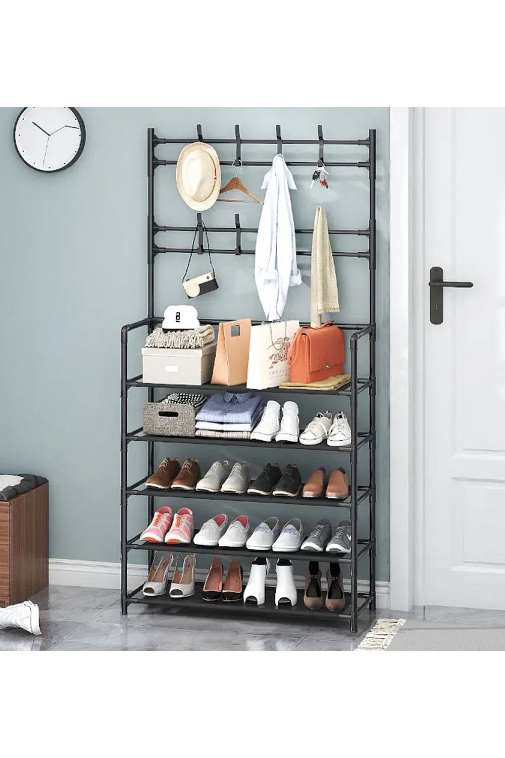 Living And Home -Tier Shoe Rack With Coat Hanger Cm W X Cm H Coat Rack Garment Rack In Black